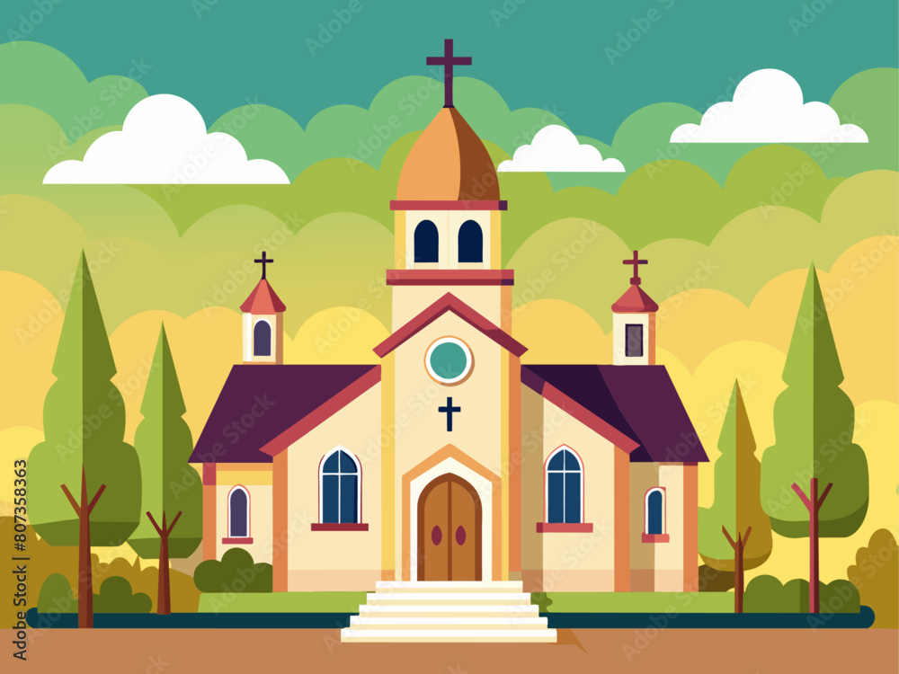 Flat design christian church building. Vector illustration for religion architecture design. Cartoon church building silhouette with cross, chapel, fence, trees. Catholic holy traditional symbol. 
