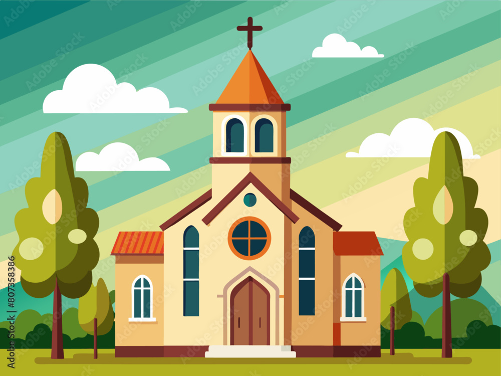 Flat design christian church building. Vector illustration for religion architecture design. Cartoon church building silhouette with cross, chapel, fence, trees. Catholic holy traditional symbol. 