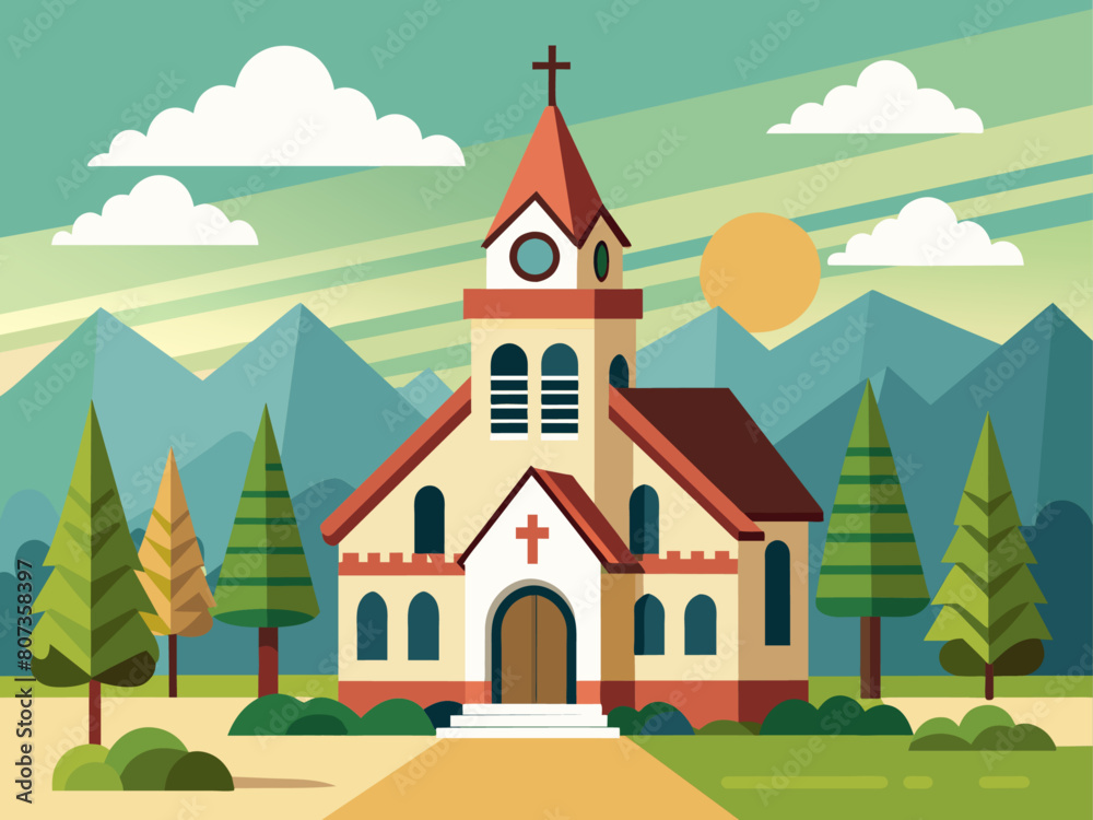 Naklejka premium Flat design christian church building. Vector illustration for religion architecture design. Cartoon church building silhouette with cross, chapel, fence, trees. Catholic holy traditional symbol. 