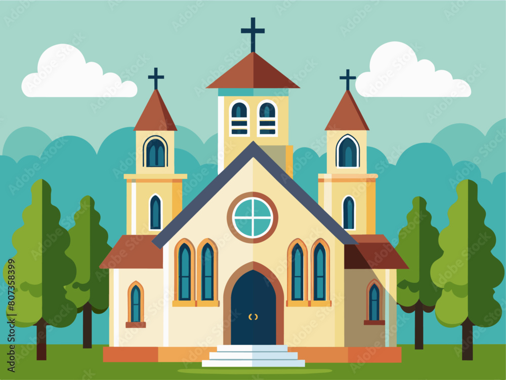 Naklejka premium Flat design christian church building. Vector illustration for religion architecture design. Cartoon church building silhouette with cross, chapel, fence, trees. Catholic holy traditional symbol. 
