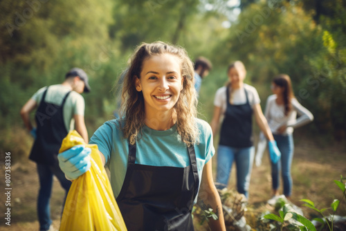 Young People Volunteer Collecting Trash in Forest. Ecology Concept photo