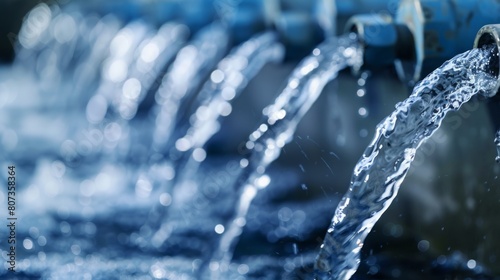 A detailed view of a water faucet with clear water flowing out of it, showing the mechanism in operation.