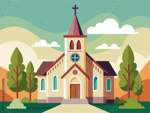 Flat design christian church building. Vector illustration for religion architecture design. Cartoon church building silhouette with cross, chapel, fence, trees. Catholic holy traditional symbol. 