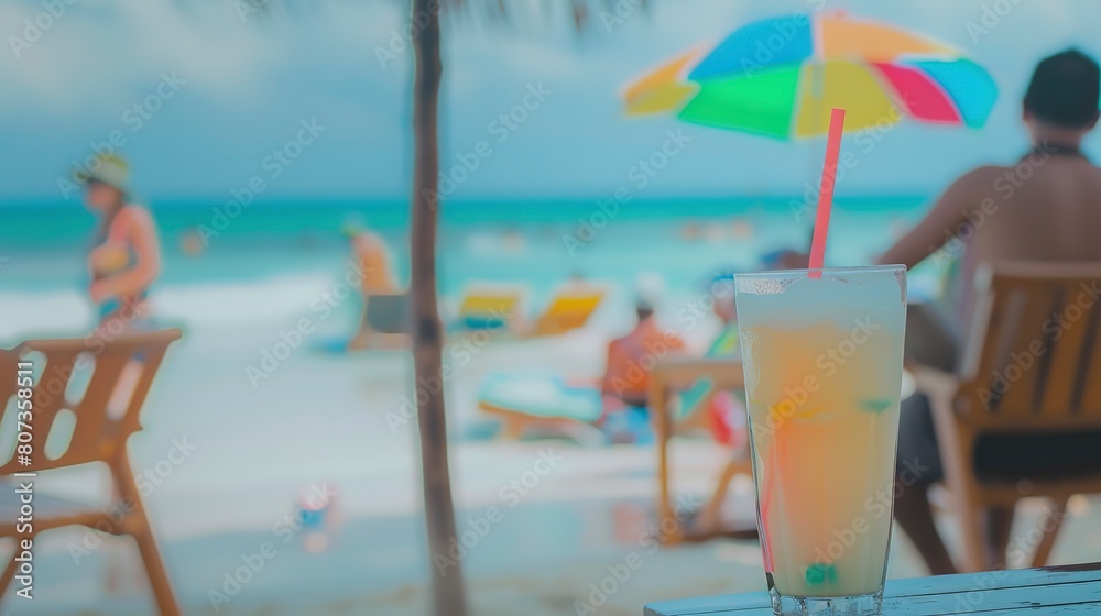 Tourist at a beachside café, close-up on a tropical drink with a colorful umbrella, ocean waves in soft focus Tourist at a beachside café, close-up on a tropical drink with a colorful umbrella, ocean waves in soft focus