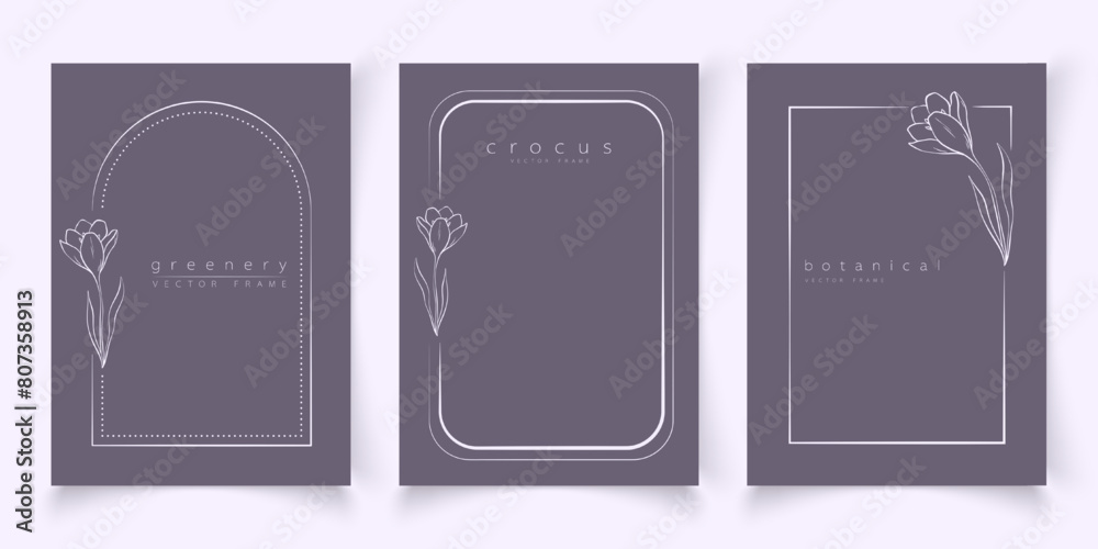 Botanical line art illustration set of crocus flower frames templates for wedding invitation and cards, logo design, web, social media and posters template. Elegant minimal style floral vector isolate Botanical line art illustration set of crocus flower frames templates for wedding invitation and cards, logo design, web, social media and posters template. Elegant minimal style floral vector isolate