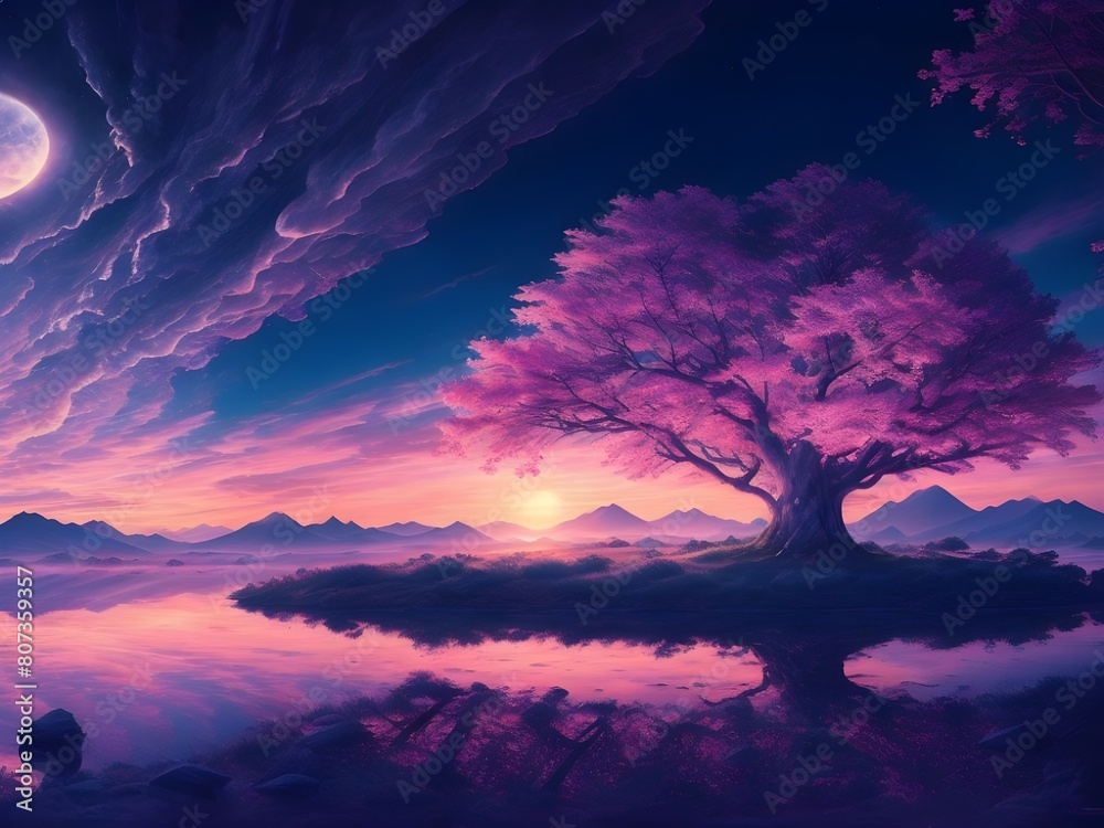 Ultra wide angle of mystical sunset scene showing full of clouds starry night, there is one tree reflection on the sea at center Generative AI Ultra wide angle of mystical sunset scene showing full of clouds starry night, there is one tree reflection on the sea at center Generative AI