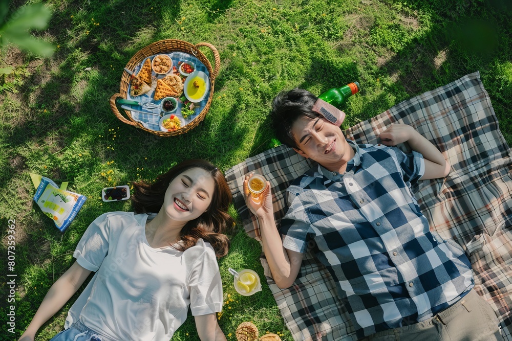Fototapeta premium Asian Couple having a picnic laying down together 