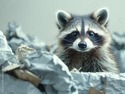 Discover the charming tale of a raccoon thriving in the recycling industry  set against serene gray and blue hues for eco-friendly features.