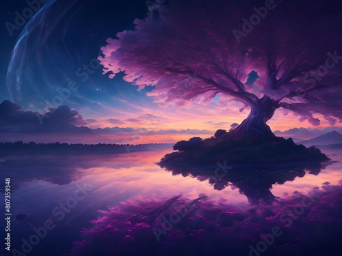 Ultra wide angle of mystical sunset scene showing full of clouds starry night  there is one tree reflection on the sea at center Generative AI