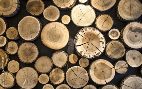 Wall of neatly arranged cross-sections of logs  showcasing natural wood patterns.