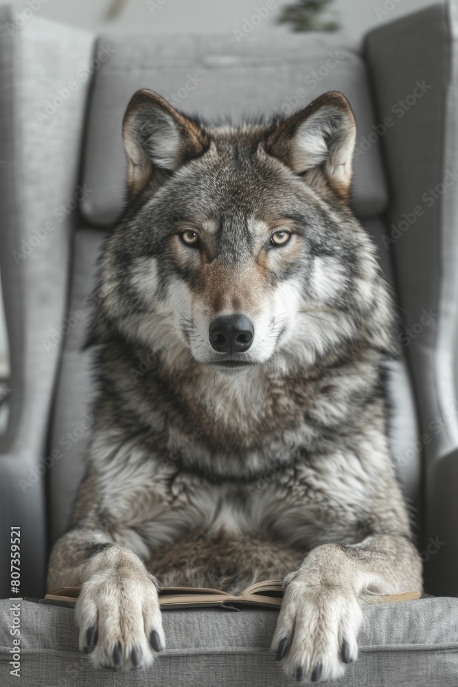 Softly Illustrated Wolf in a Consulting Firm, minimalist office setting with light grays for a professional yet gentle business portrayal.