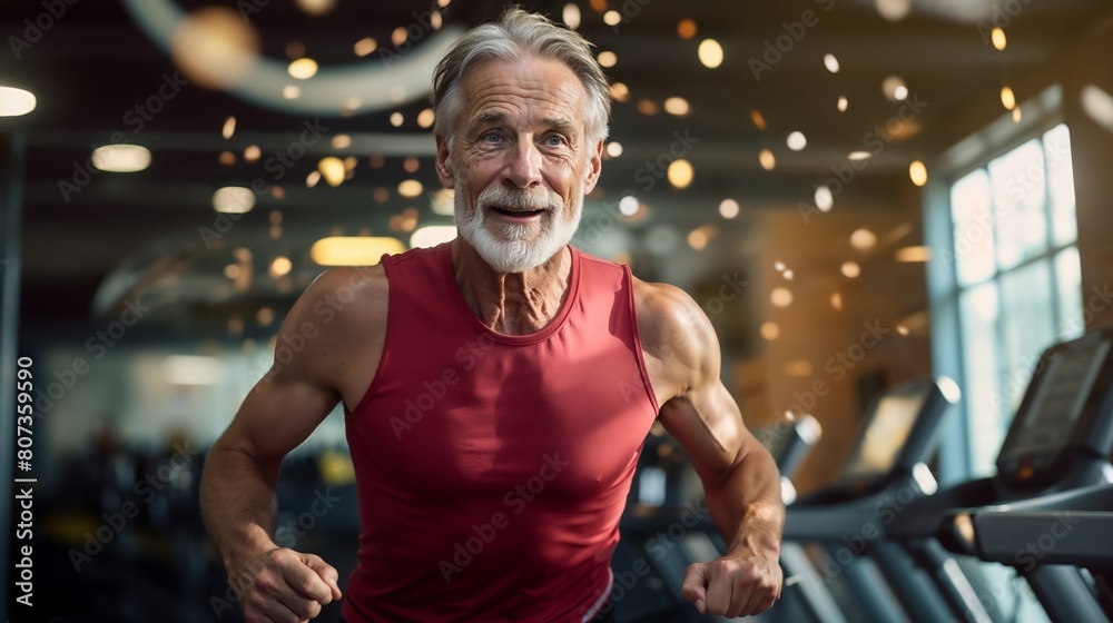 Fototapeta premium Aged yet energetic man on a treadmill, wearing sportswear