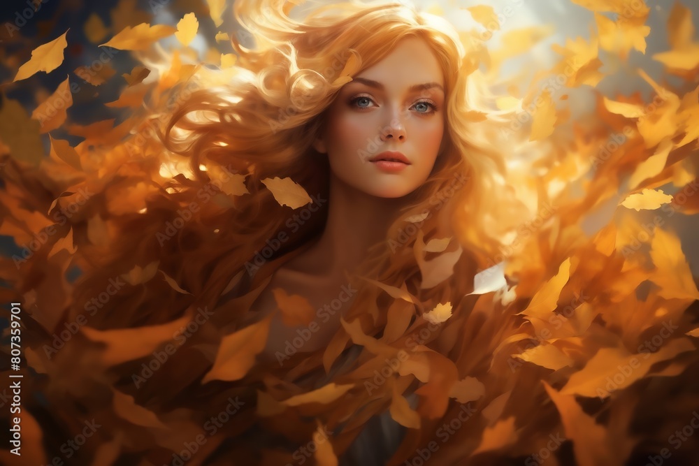 Art of a person with a cloud of leaves, autumn mood, warm lighting Art of a person with a cloud of leaves, autumn mood, warm lighting