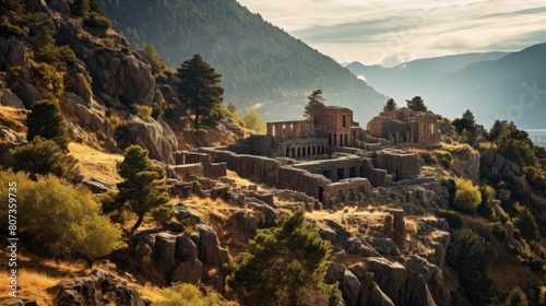 mountain sanctuary for Greek gods surrounded by awestruck mortals photo