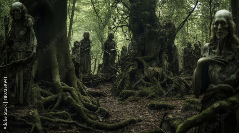 sacred grove dedicated to Furies with ominous statues and dread sacred grove dedicated to Furies with ominous statues and dread