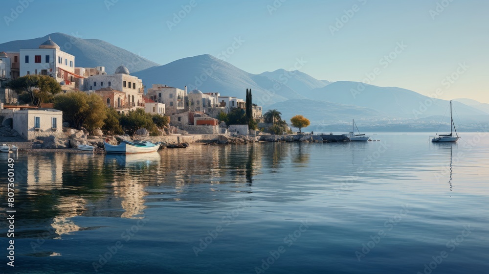 tranquil Greek island at sunrise with a picturesque harbor and fishing boats