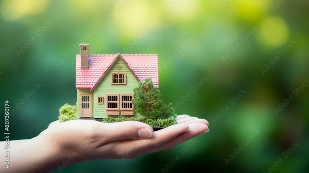 Human hand holding small model house, green background, investment theme Human hand holding small model house, green background, investment theme