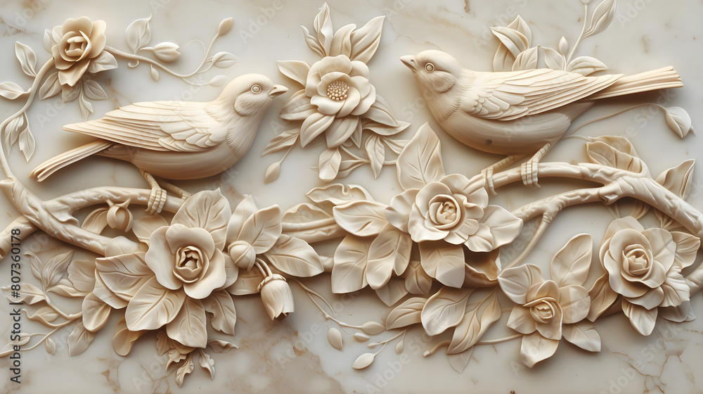 3D carved from marble birds , with flowers and leaves on the background
3D carved from marble birds , with flowers and leaves on the background