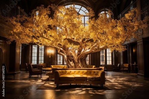 Golden tree inside grand hall  luxurious atmosphere