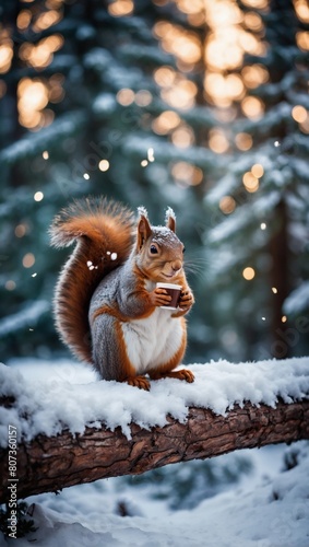 Festive forest scene, Picture a cheerful squirrel sipping cocoa in a knitted hat amidst a winter forest with snowy firs and twinkling lights.