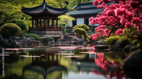 serene temple garden where philosophers reflect amidst tranquility photo