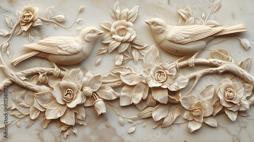 3D carved from marble birds , with flowers and leaves on the background

