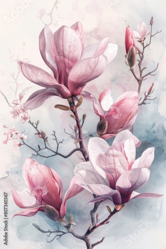 Beautiful pink flowers blooming on a branch  perfect for nature and botanical themes
