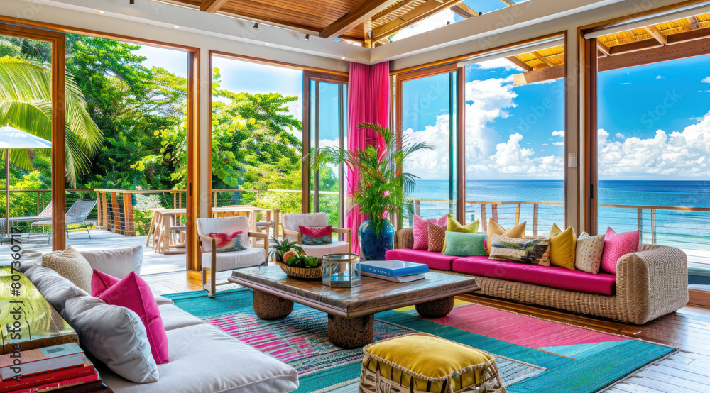 living room with view sea. Luxury resort villa modern architecture ...