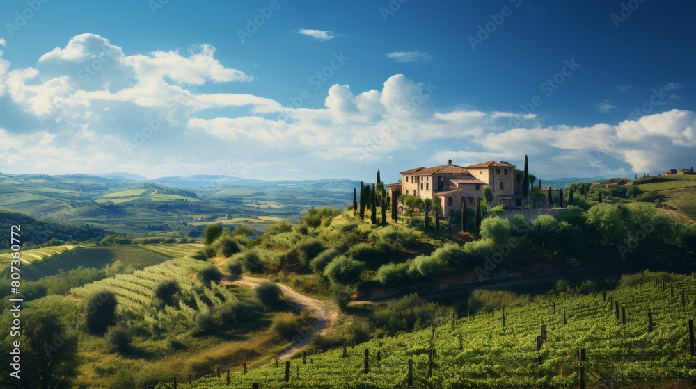 Roman villa surrounded by vineyards and olive groves