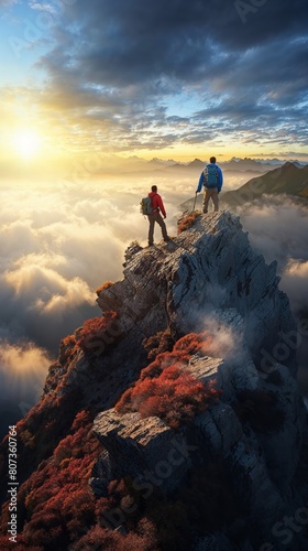 Two hikers on a rocky mountain peak during sunrise, showcasing adventure and accomplishment