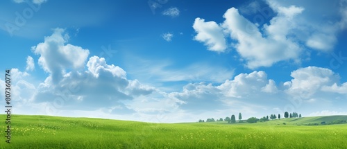Vibrant green pasture  fluffy clouds above  high resolution