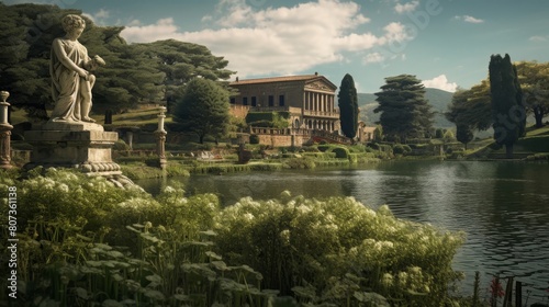 Roman countryside villa with terraced gardens and Roman deities' statues photo