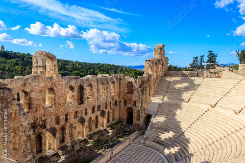 Odeon of Herodes Atticus is a stone Roman theatre structure located on the southwest slope of the Acropolis of Athens, Greece photo