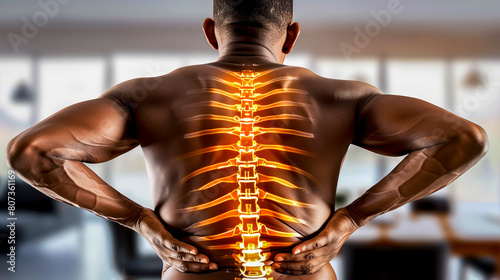 afro american man suffering from backache at home - muscle aches and joint pain concept photo