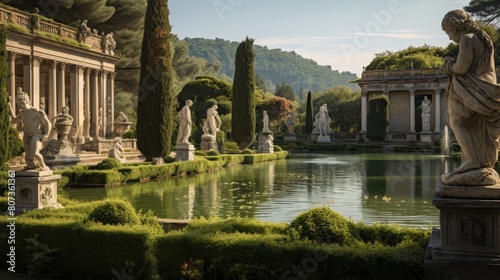 Roman countryside villa features terraced gardens and Roman deities' statues photo