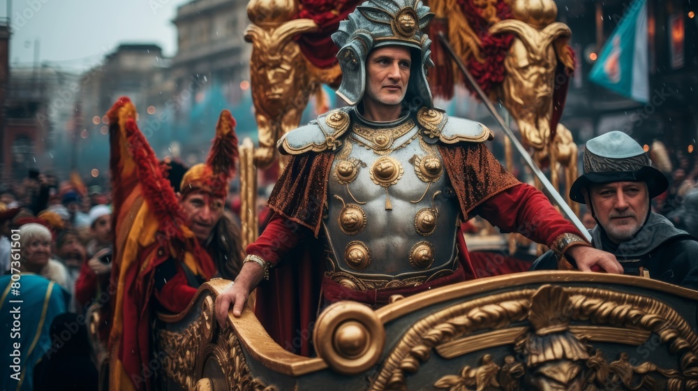Roman circus parade celebrates with floats chariots and performers