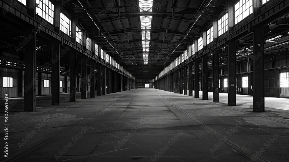 Large steel empty warehouse as background. Old warehouse in old industrial style