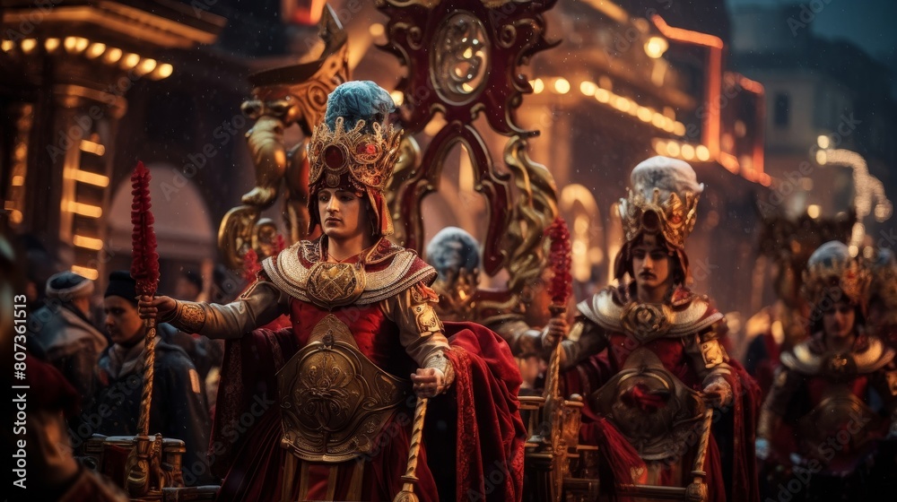 Fototapeta premium Roman circus parade features floats chariots and performers in festive celebration