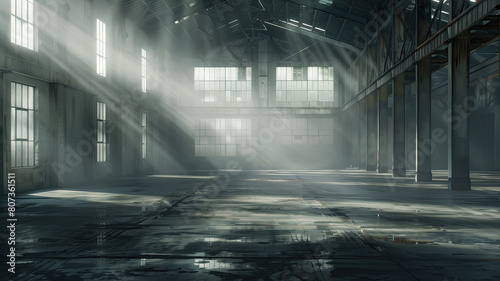 Large steel empty warehouse as background. Old warehouse in old industrial style