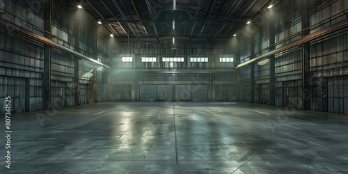 Large steel empty warehouse as background. Old warehouse in old industrial style