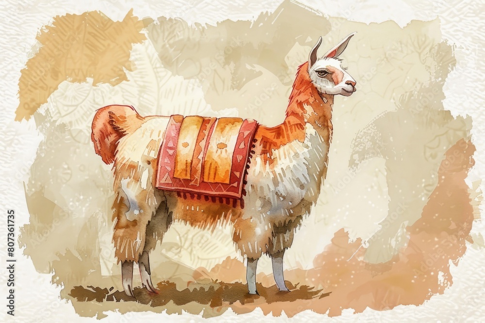 Obraz premium A painting of a llama with a cozy blanket on its back. Ideal for home decor or animal-themed designs