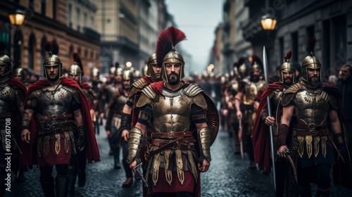 Triumphant Roman legion marching through streets of Rome with high standards