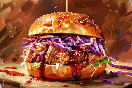 Delicious pulled pork sandwich topped with fresh cole slaw. Perfect for food blogs or restaurant menus photo
