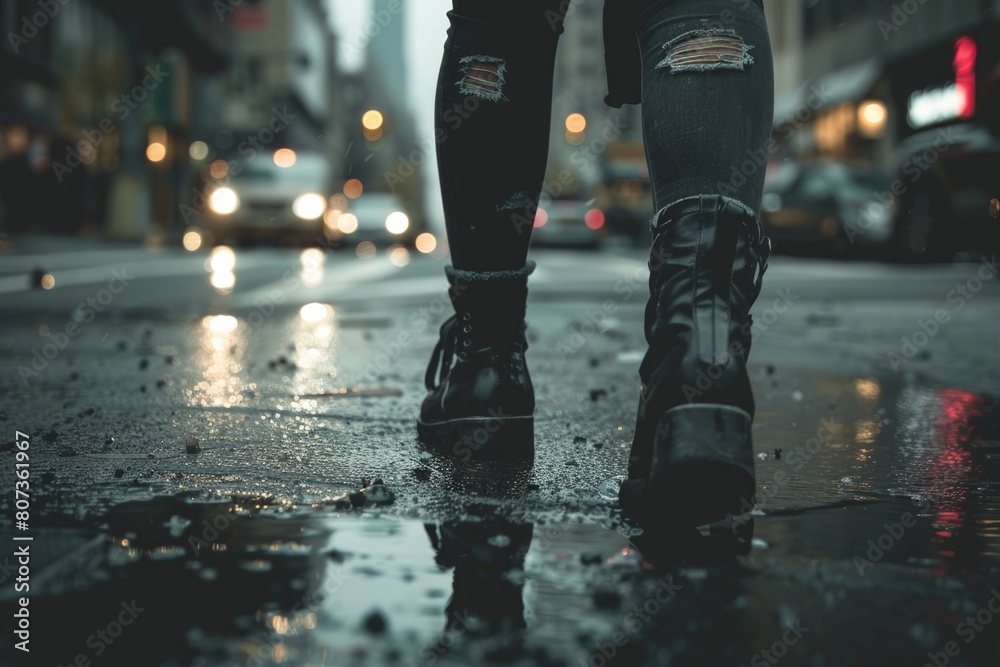 Fototapeta premium Person standing on wet sidewalk in the rain, suitable for weather concept designs