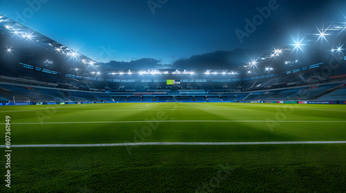 an empty soccer stadium at night  with a grass field and lighting from the floodlights