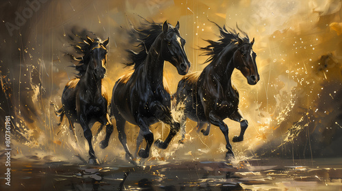 Oil painting of three black horses running, with a gold and beige color palette 