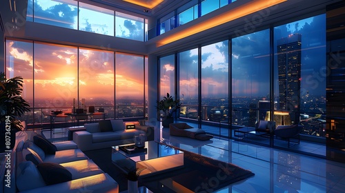 HD wallpaper showing the interior of a high-rise penthouse with expansive views, ultra-modern furniture, and state-of-the-art technology