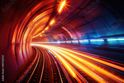 A train moving through a dark tunnel. Suitable for transportation concepts
