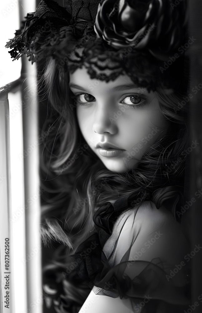 Fototapeta premium girl is posing in her black dress, in the style of black and white contrast