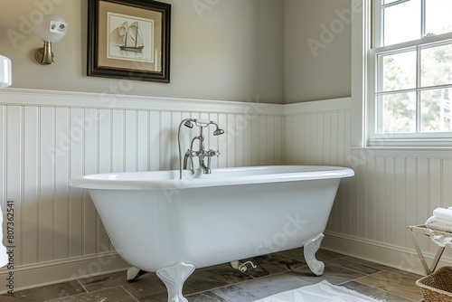 Elegant Cape Cod Bathroom with Clawfoot Tub and Nautical Accents